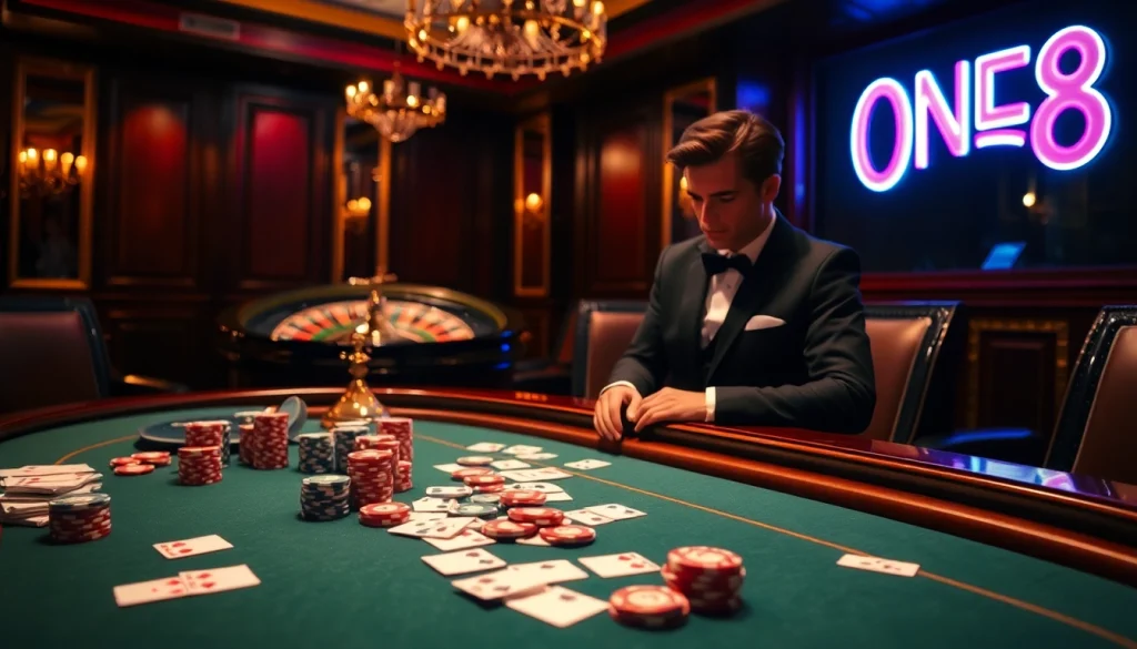 Gambling action at a poker table showcasing ONE88 bet in a luxurious casino setting.