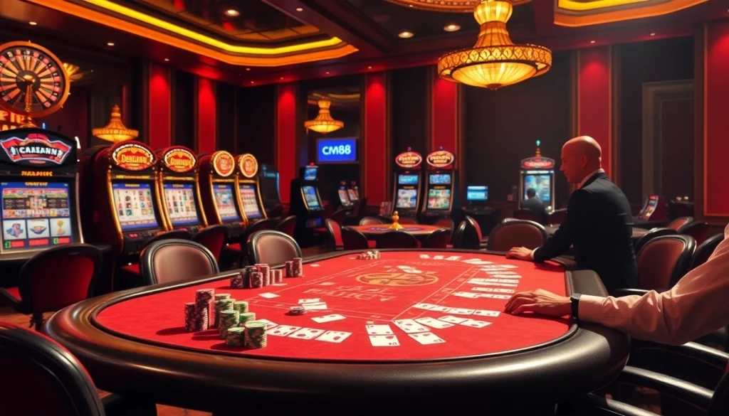 Experience thrilling gameplay at cm88 with vibrant casino tables, cards, and spinning roulette wheels.