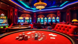 Players engaging at the LUCK8 poker table amidst a vibrant casino atmosphere for an exciting experience.