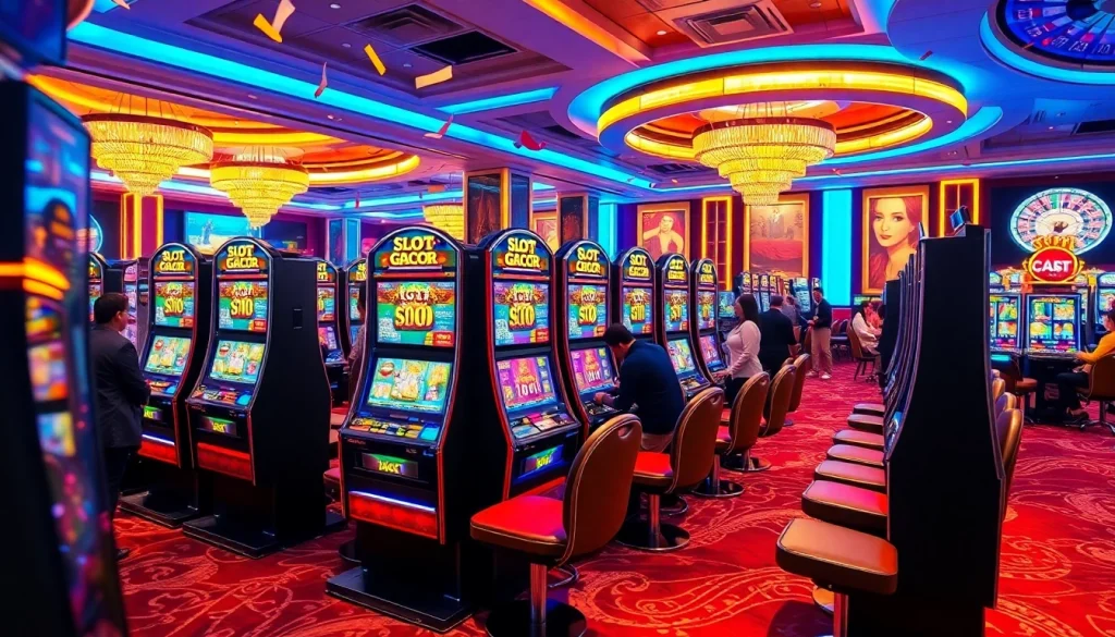 Players enjoying vibrant slot gacor machines in a luxurious casino atmosphere.
