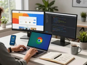 Person using 谷歌浏览器 on a laptop in a modern workspace, showcasing productivity.