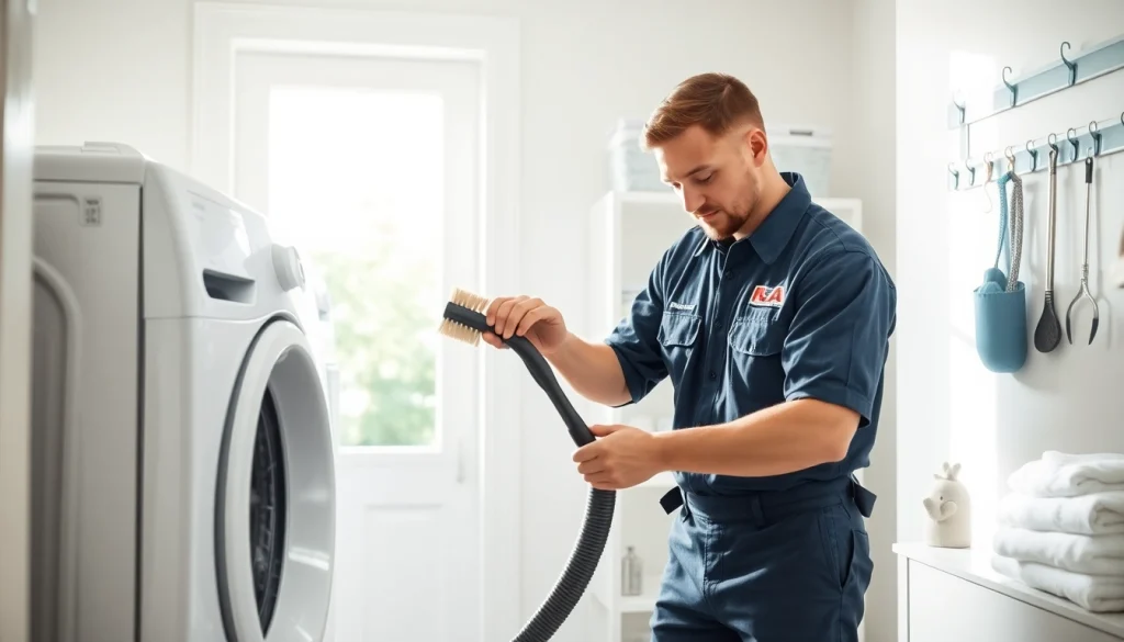 Technician providing expert dryer vent cleaning service in a residential setting.