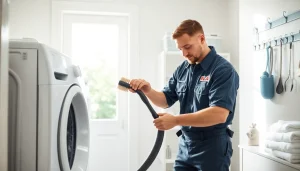 Technician providing expert dryer vent cleaning service in a residential setting.