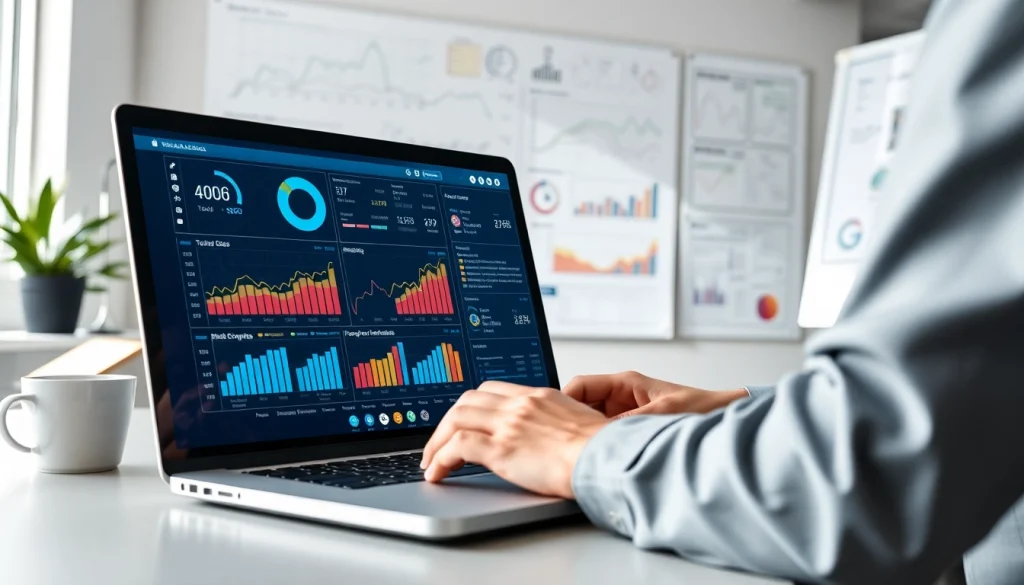Analyzing SEO Rank Tracker data on a laptop with colorful metrics in a modern office setting.
