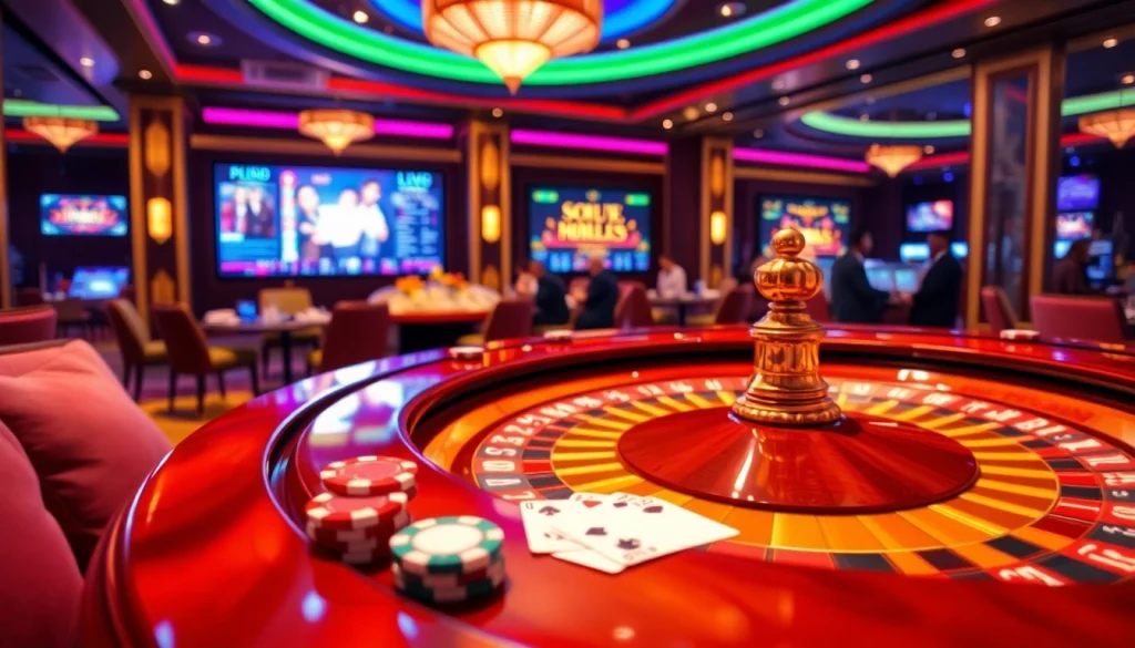 Une scène de casino en ligne palpitante avec une table de roulette, des jetons vibrants et des cartes dans un cadre luxueux.