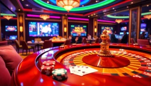 Une scène de casino en ligne palpitante avec une table de roulette, des jetons vibrants et des cartes dans un cadre luxueux.