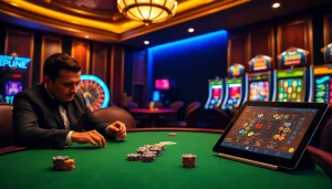 A high-stakes poker table scene from https://98winwi.com/ showcasing players engaged in a tense match with colorful poker chips.