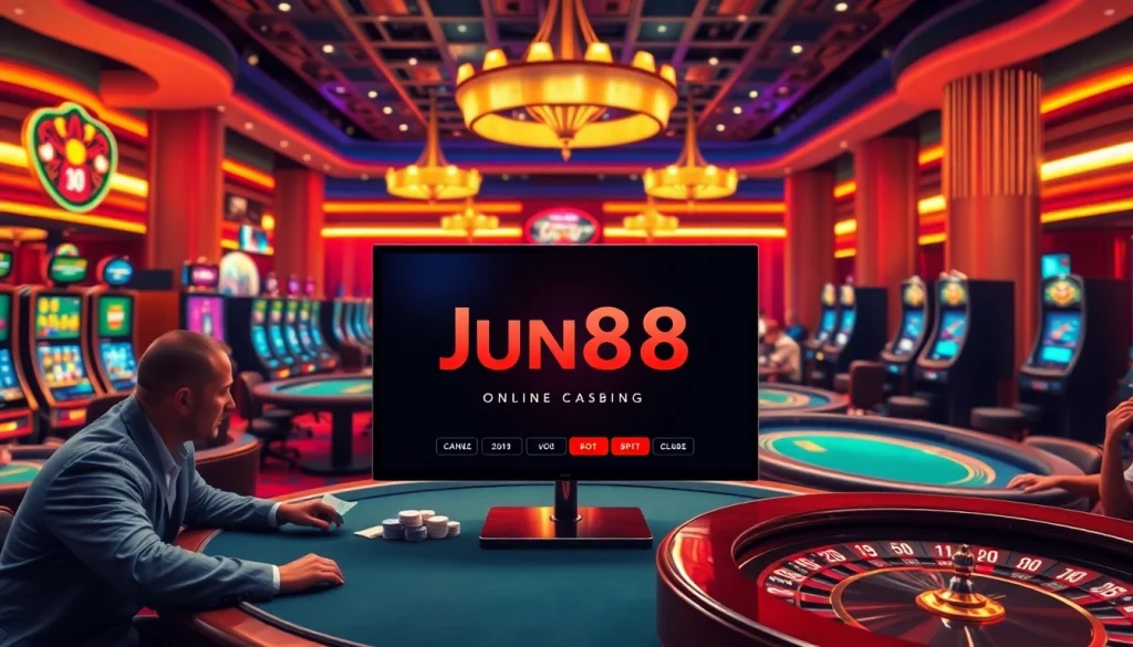 Engaging players enjoying online gambling at Jun88 casino with vibrant atmosphere.