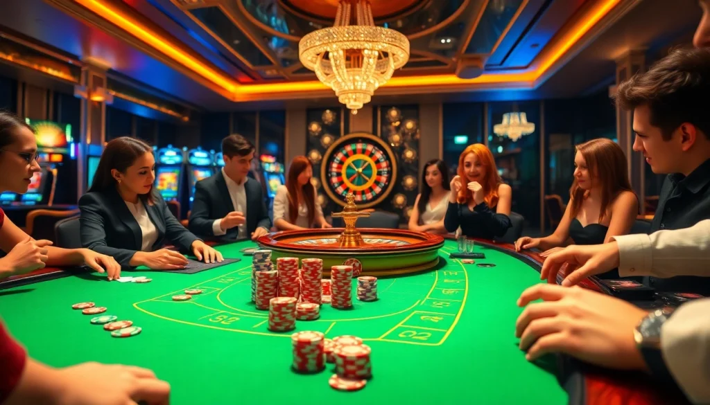 Players enjoying a thrilling casino game experience at toto919, highlighting vibrant poker chips and roulette wheels.