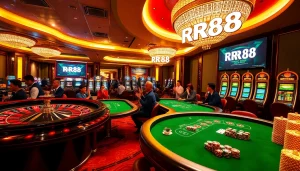 Experience excitement at RR88 with thrill-seekers at roulette and poker tables.