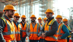 Promote construction site safety through professional workers in gear, collaborating on site.