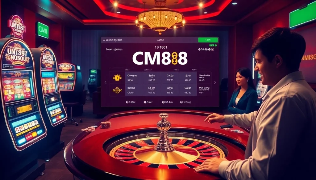 Exciting casino scene showcasing CM88 with vibrant poker chips and roulette wheel.