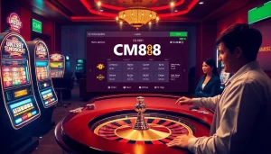 Exciting casino scene showcasing CM88 with vibrant poker chips and roulette wheel.