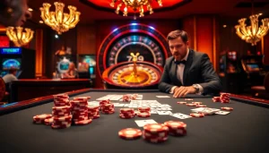 Exciting scene of players engaging in 789 bet poker and roulette at a luxury casino table.