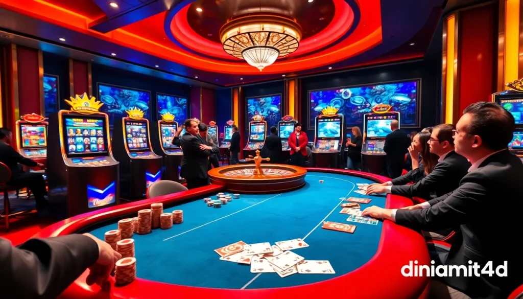 Engage with the thrilling gameplay of dinamit4d at a vibrant online casino featuring poker tables and slot machines.