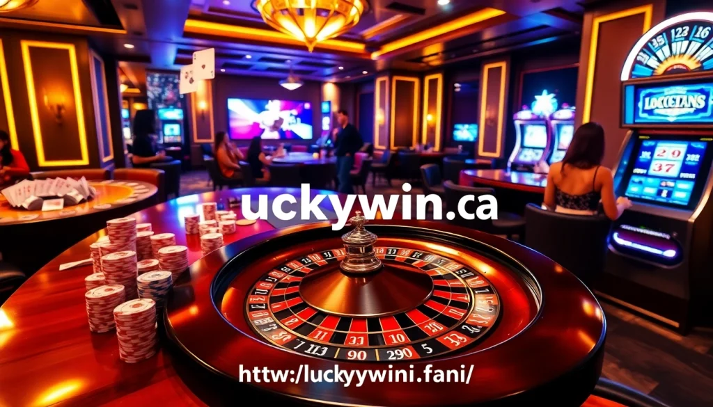 Experience thrilling bets and wins at https://luckywin.fan/ with vibrant casino visuals of a roulette table and poker chips.