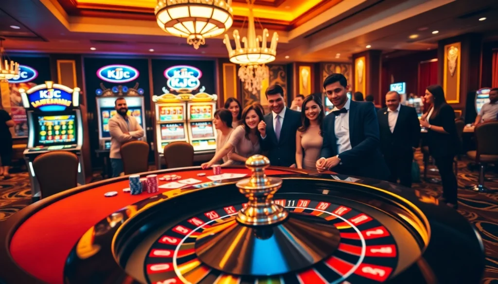 KJC branded casino scene showcasing an exciting poker table and vibrant slot machines.