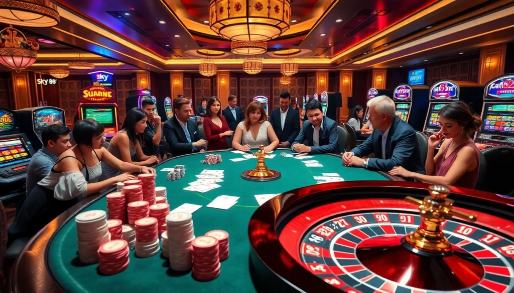 Experience the excitement of gambling at SKY 88's luxurious casino table with vibrant action.