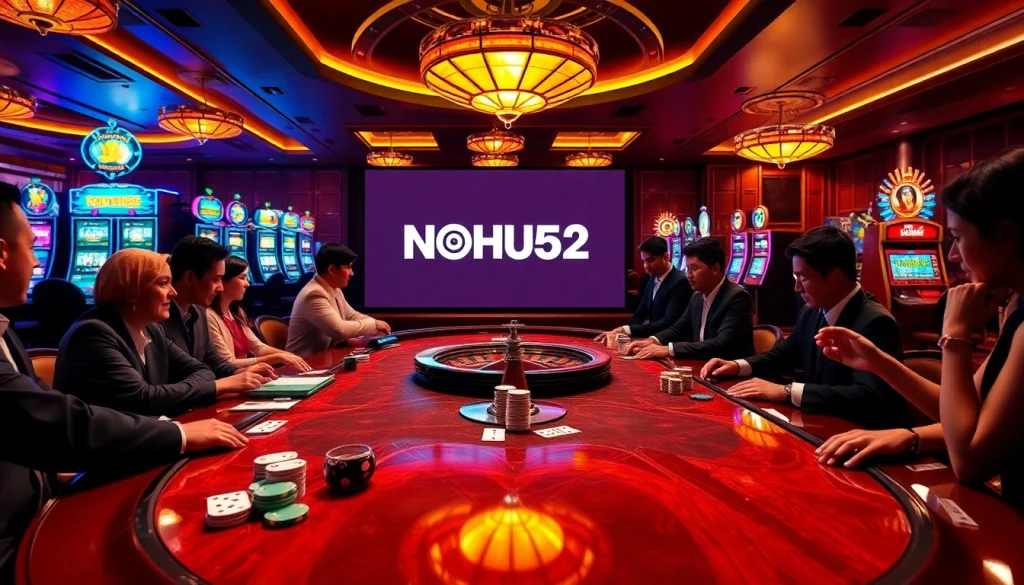 Engaging players enjoying poker at NOHU52's vibrant casino table with dynamic chips, cards, and roulette.