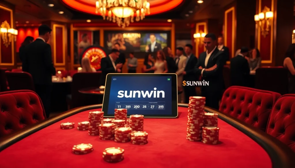 A high-stakes poker game at a casino, showcasing the excitement of sunwin with stacked chips and a spinning roulette wheel.