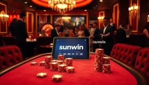 A high-stakes poker game at a casino, showcasing the excitement of sunwin with stacked chips and a spinning roulette wheel.