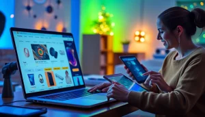 テクノロジー製品を強調するノートパソコンでドスパラクーポンにアクセスするショッパー。