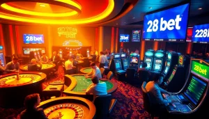 Players enjoying thrilling casino games at 28bet with vibrant atmosphere and exciting gameplay.