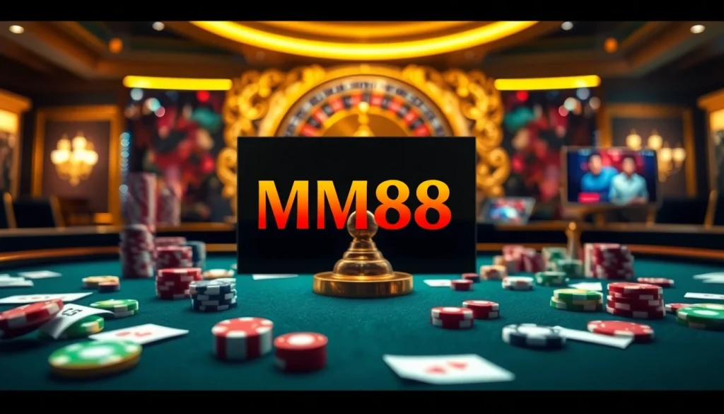 MM88 online gambling interface showcasing a vibrant casino atmosphere with poker chips and cards.
