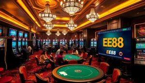 EE88 players engaging in exciting casino games at a luxurious gaming area with vibrant slot machines.
