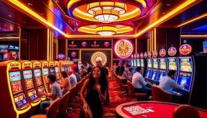 Players celebrating wins at a vibrant slot gacor machine with bright lights and excitement.