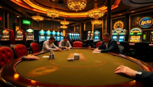 LUCK8 casino ambiance showcasing an exciting poker table with players and elegant decor.