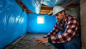 Vapor Barrier Installation process by a contractor in a residential crawl space.