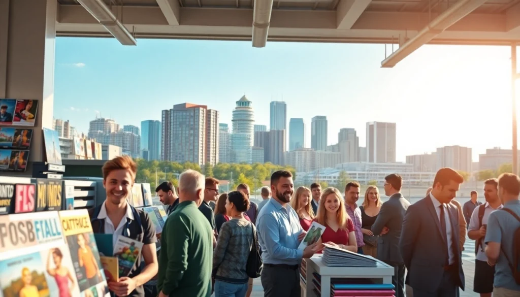 Customers enjoying services at an edmonton print shop filled with colorful prints and vibrant energy.