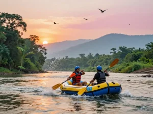 Dandeli resorts river rafting adventure with couple in colorful raft against lush background