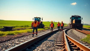 Railroad maintenance crew conducting essential track repairs under natural light.