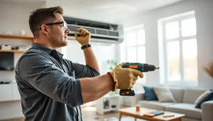 Technician providing AC installation services in a bright living room setting.