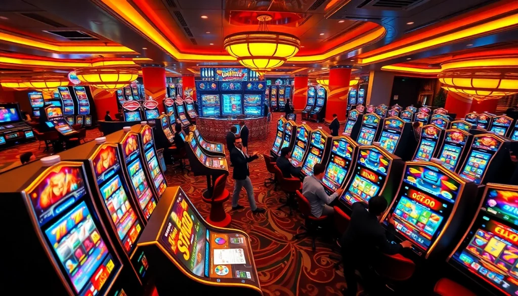Excited players engaging in the jamuslot slot machines surrounded by vibrant casino elements.