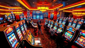 Excited players engaging in the jamuslot slot machines surrounded by vibrant casino elements.