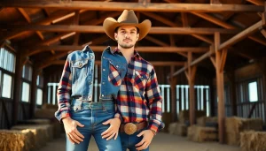 Model wearing stylish western wear Canada in a rustic barn setting, showcasing authentic designs.