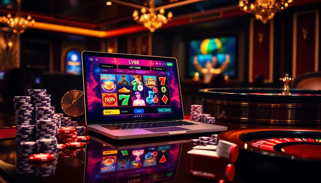 Experience the excitement of LV88 online casino with vibrant games, poker chips, and roulette.