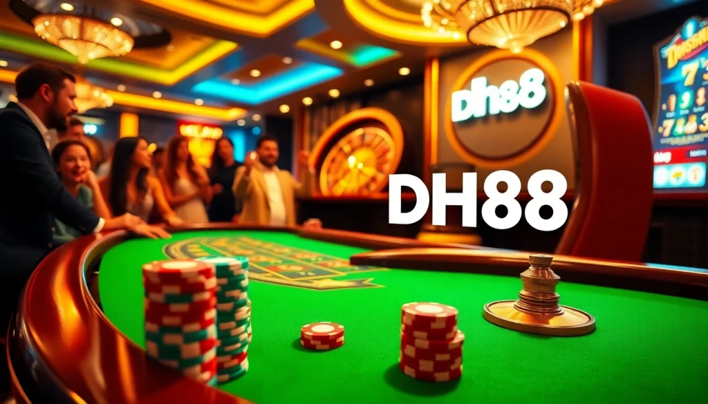 Exciting casino scene with DH88 logo, poker chips, and spinning roulette wheel for thrilling gameplay.