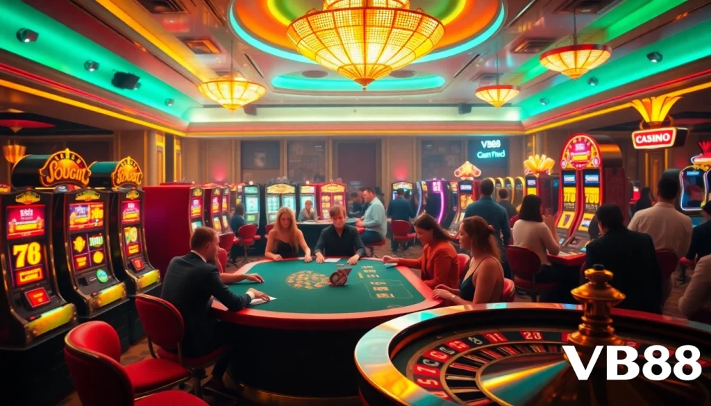 Experience the thrill of VB88 casino with an exciting poker game and vibrant slot machines.