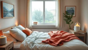 風邪 一晩で治す方法のための快適な寝室必需品。ハーブティーと加湿器を含む。