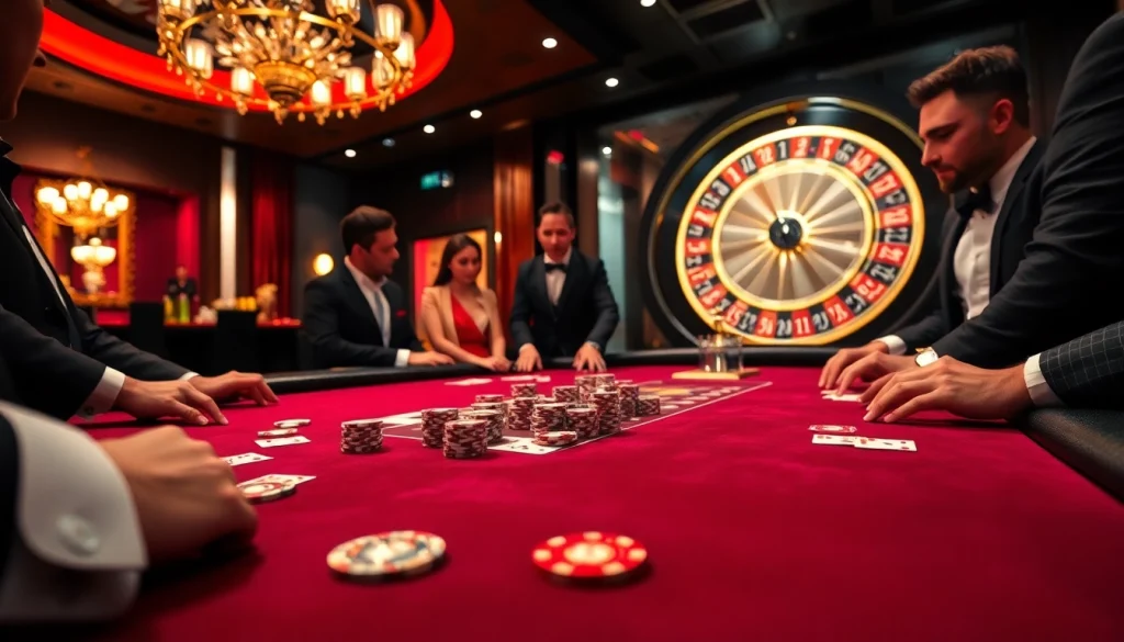 Engaging players in idn poker at an elegant casino table with vibrant chips and cards.