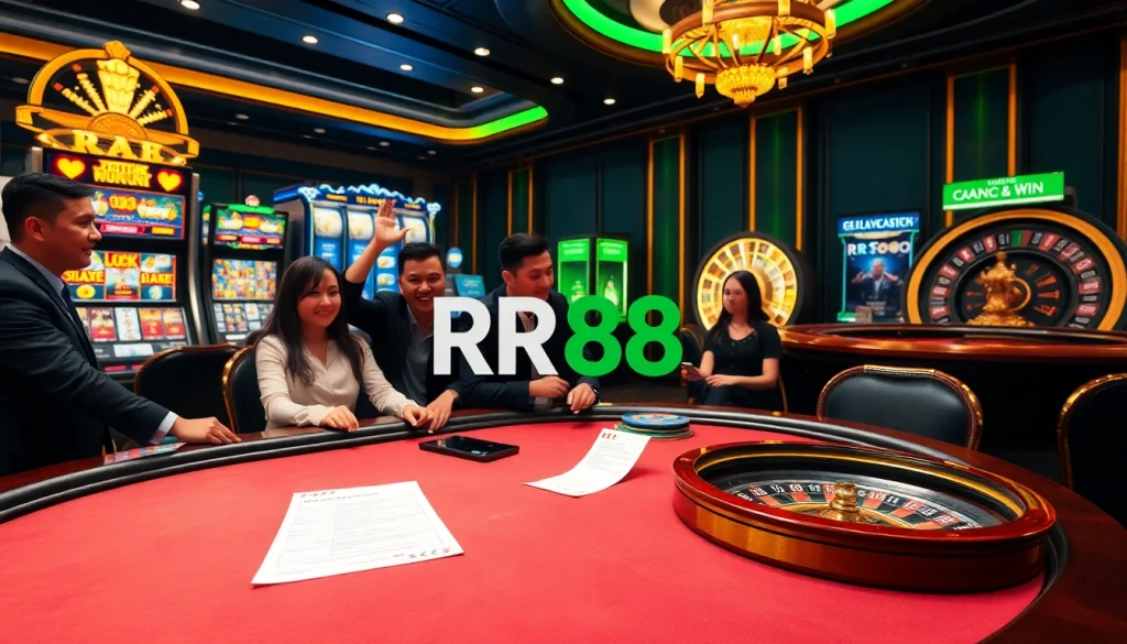 Players enjoying a thrilling game at the RR88 poker table in a luxurious casino setting.