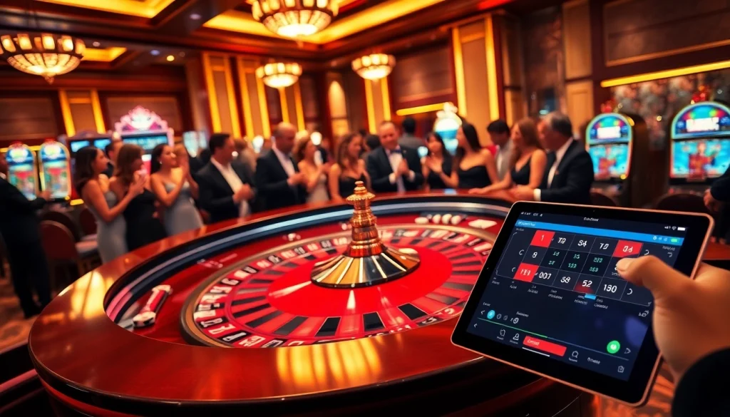 Engaging scene of a luxury casino at https://luck882.co.com/ with roulette, excited gamblers, and slot machines.