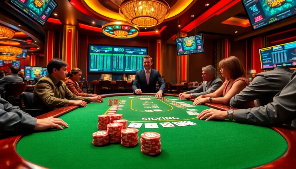 Players enjoying the RR99 game at a luxurious casino table, featuring vibrant poker chips and cards.