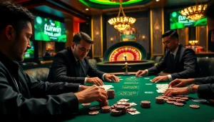 Engaged players in a luxurious casino scene featuring 'tải sunwin' on digital screens, highlighting excitement and strategy.