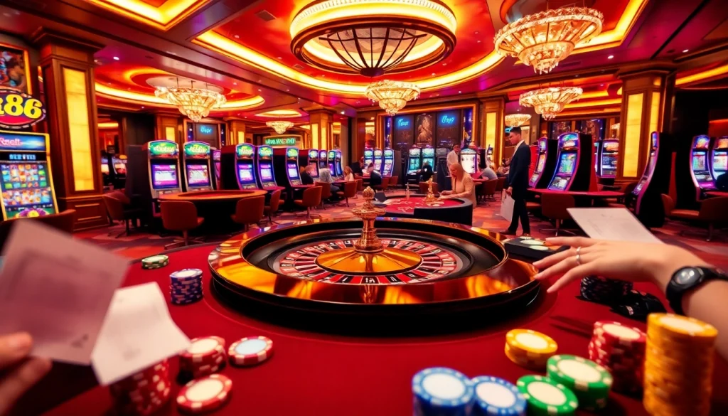 Players enjoying thrilling games at rr88 casino with vibrant slot machines and roulette tables.