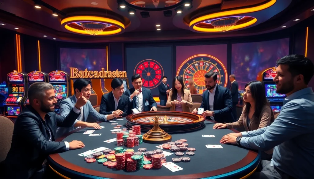 Excited players celebrating nạp tiền KBBET at a vibrant online casino, featuring colorful tables and thrilling games.